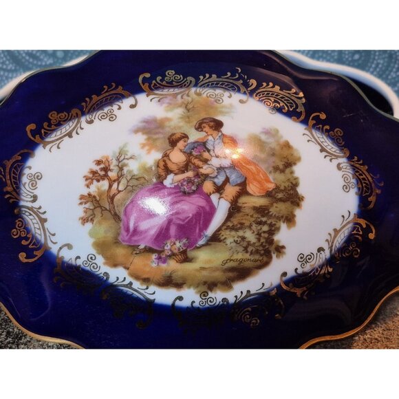 Limoges Castel Porcelain Trinket Or Jewelry Box Cobalt Blue W/ Courting Couple - Picture 12 of 12
